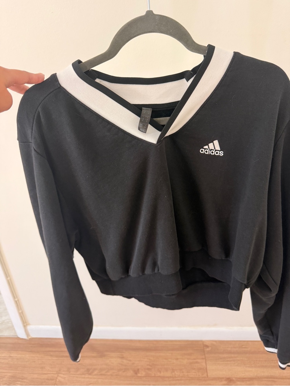 adidas Black V-Neck Cropped Sweatshirt with White Trim